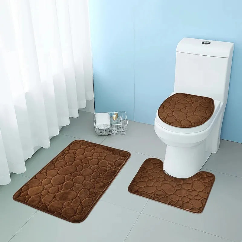 3-Piece Cobblestone Bath Mat Set - Non-Slip & Absorbent - 3