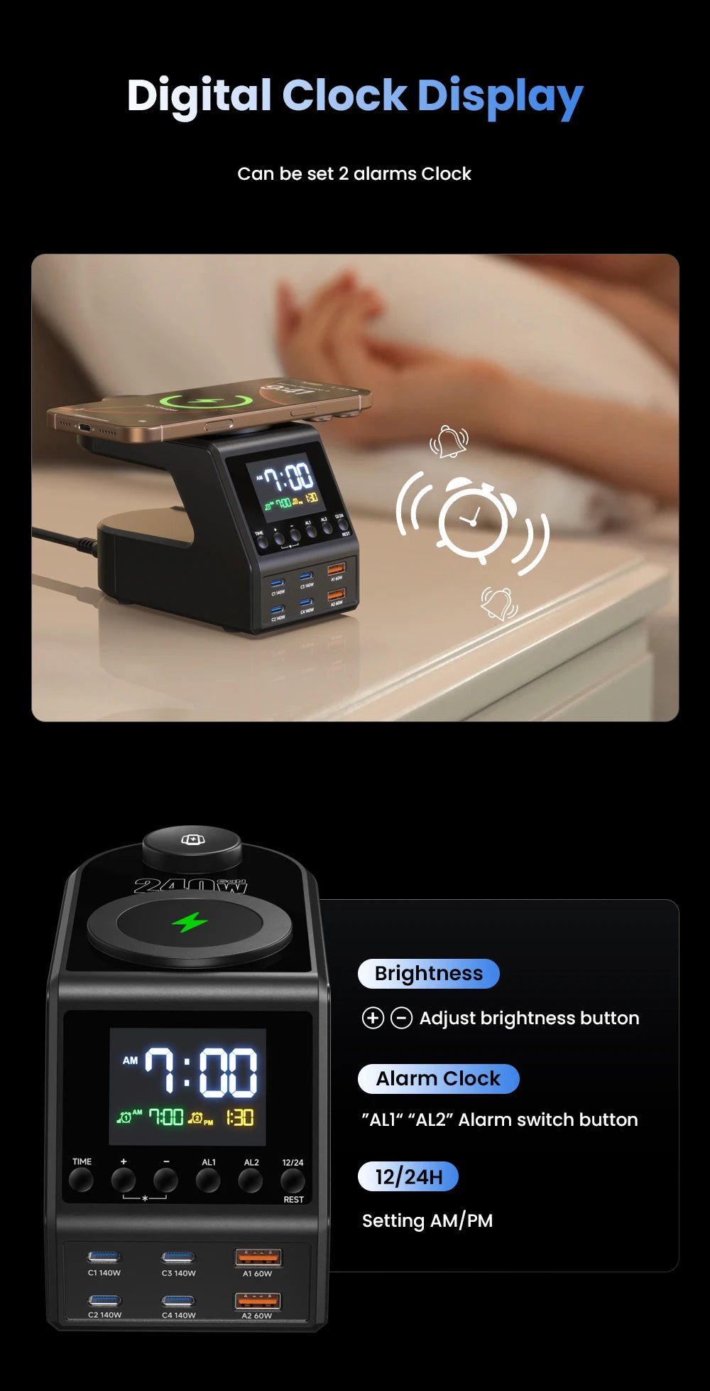 240W GaN Charging Station - 6-Port Fast Charger with Dual Wireless & Clock - 13