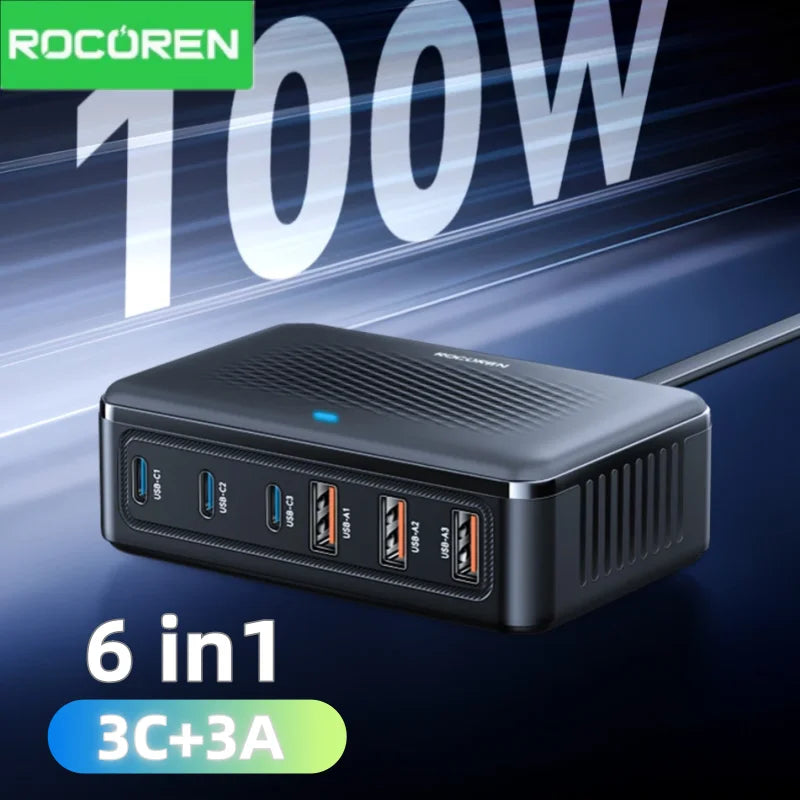 100W GaN 6-Port Desktop Fast Charger - Universal Multi-Device Charging Station