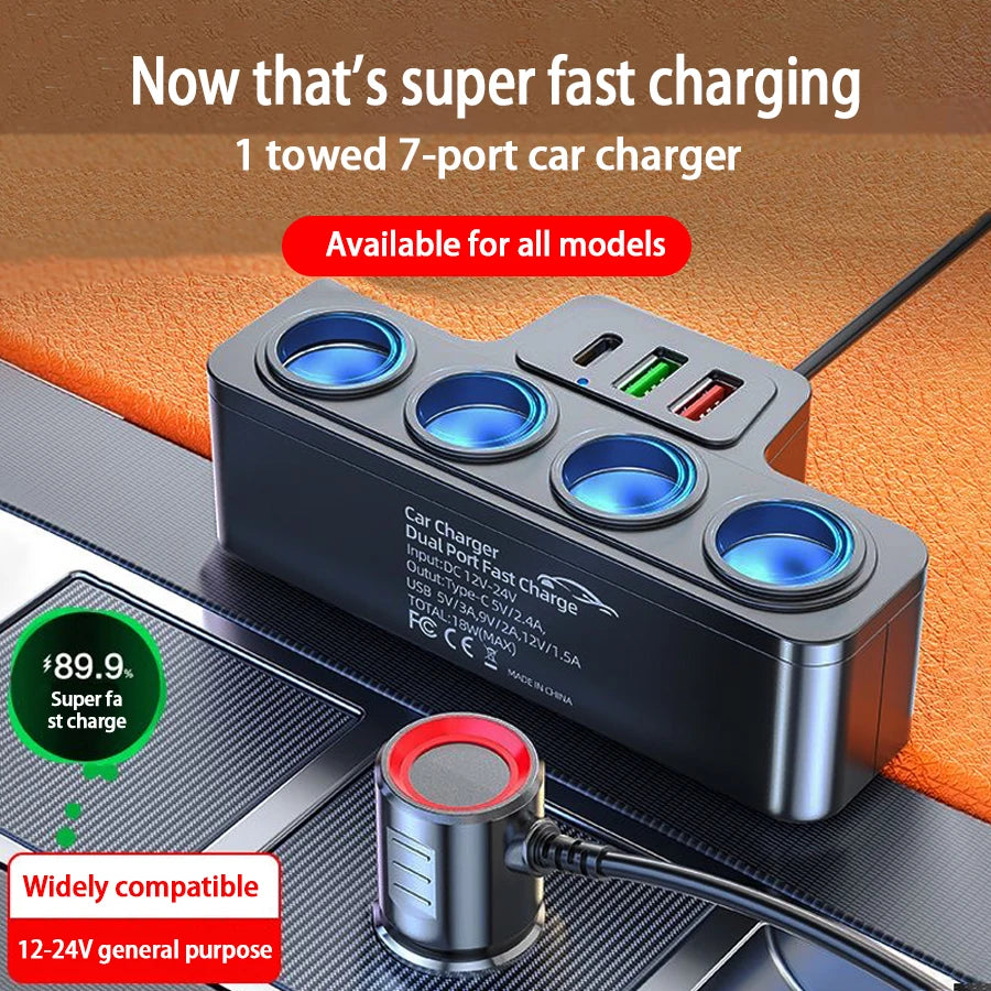 120W 4-Port Fast Car Charger - USB & Type-C Multi-Device Power Adapter - 2
