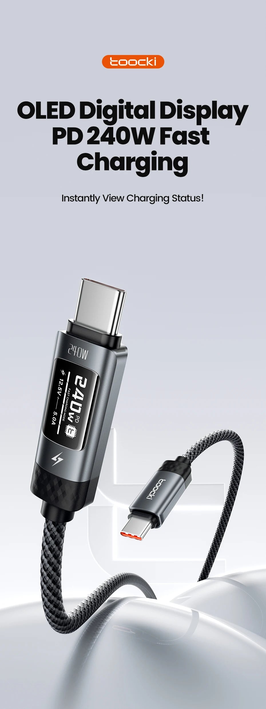 240W USB-C Fast Charging Cable with Real-Time OLED Power Display