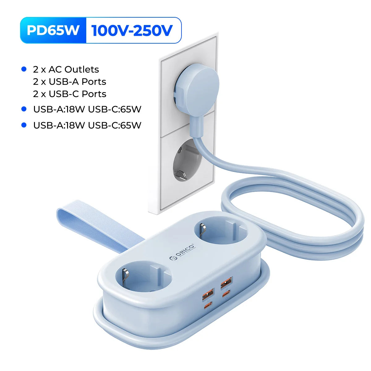 65W GaN 6-in-1 Fast Charging Power Strip - 2 AC Outlets, 2 USB-A, 2 USB-C