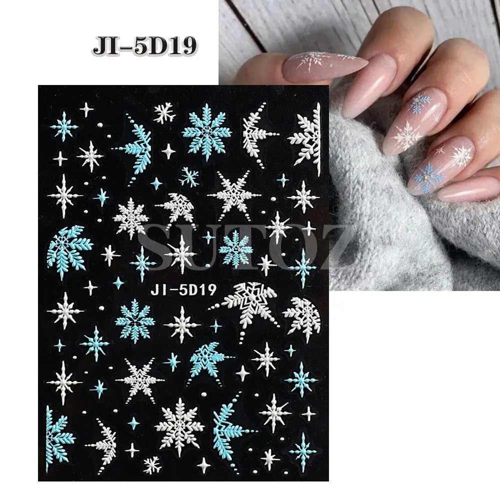5D Embossed Christmas Nail Art Stickers - Winter Holiday Snowflake & Santa Decals