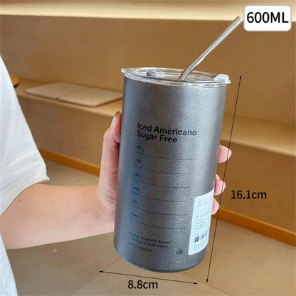 600ml Insulated Stainless Steel Coffee Mug with Straw – Portable Travel Cup