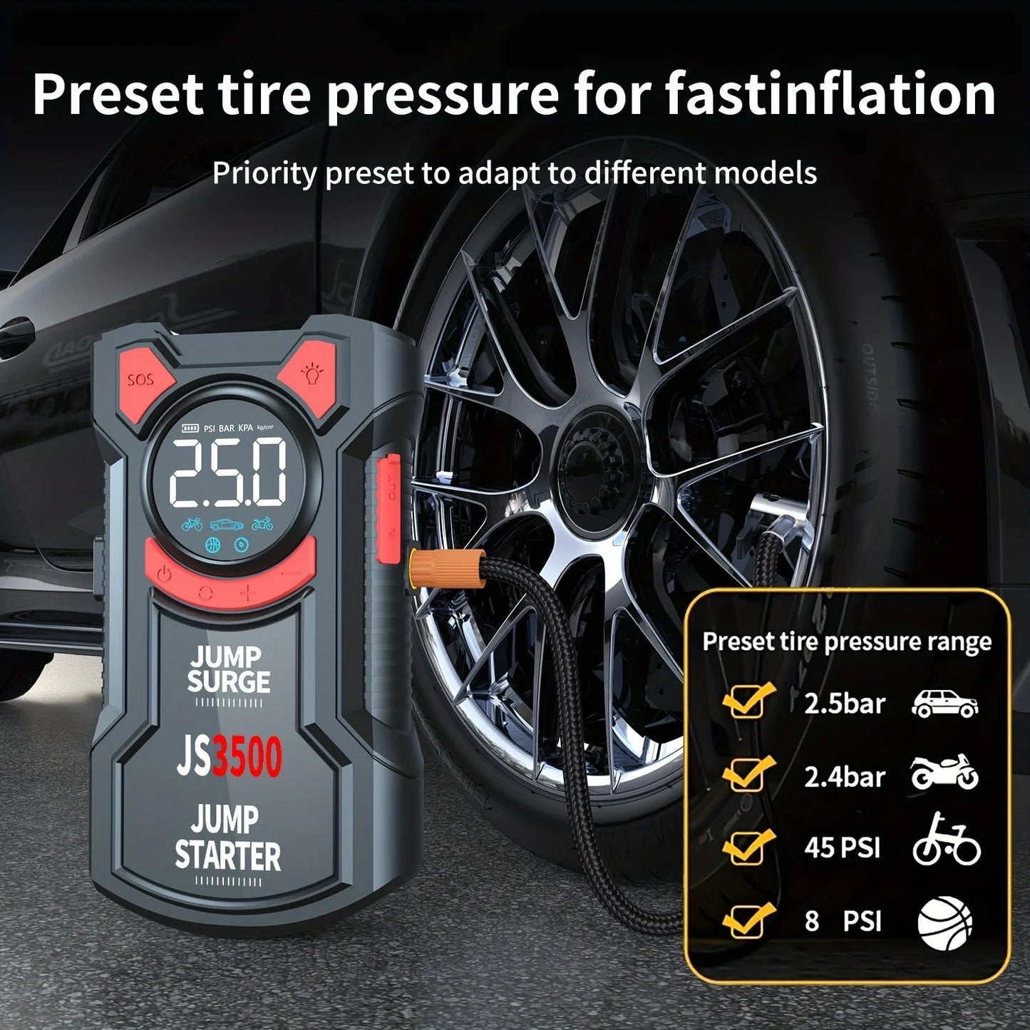 4-in-1 Portable Car Jump Starter with Tire Inflator & Power Bank