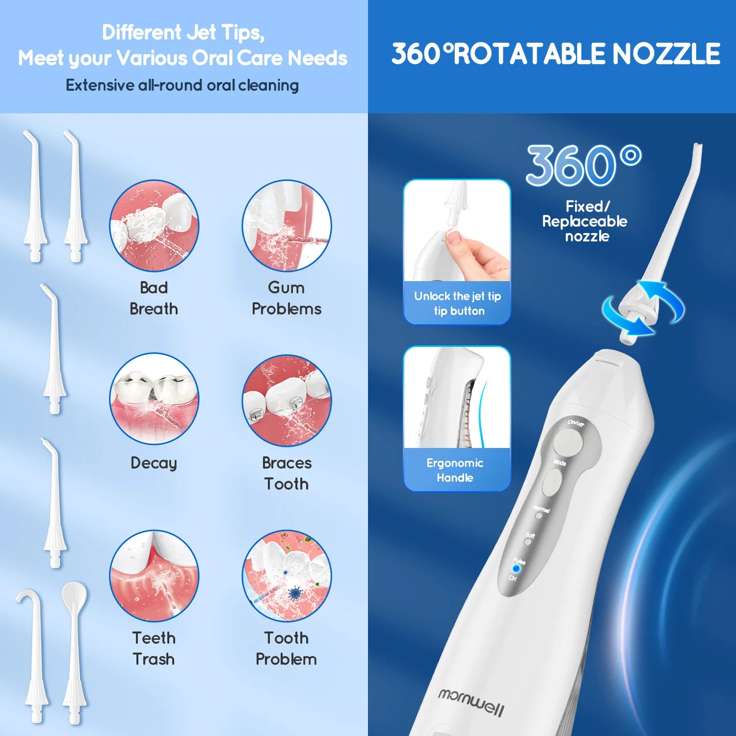 Portable Cordless Water Flosser with 300ml Tank and 6 Replacement Nozzle Tips - 4