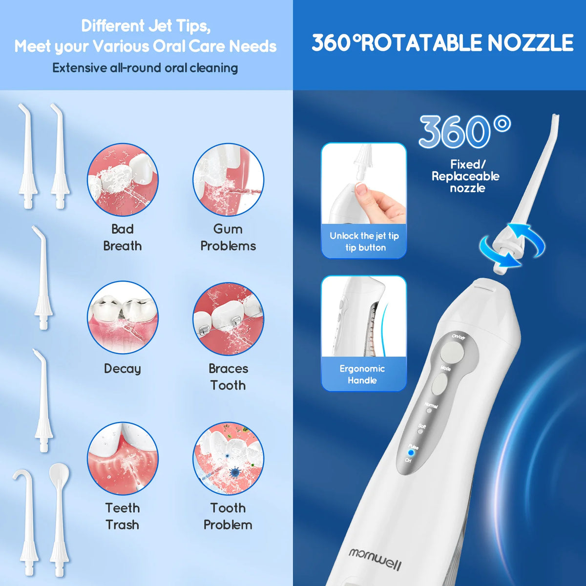 Portable Cordless Water Flosser with 300ml Tank and 6 Replacement Nozzle Tips