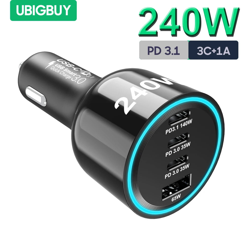 240W 4-Port USB-C Car Charger - PD 3.1 Super Fast Charging Adapter - 1