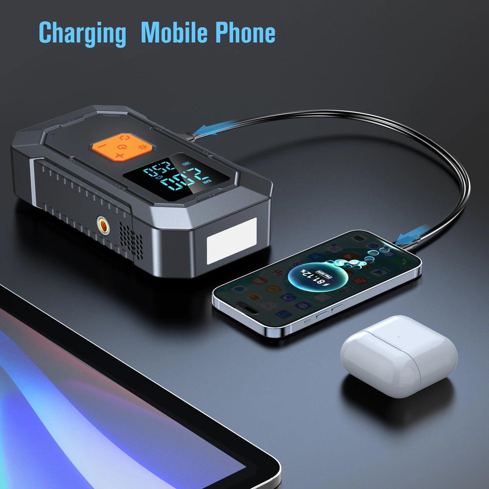 4-in-1 Portable Car Jump Starter & Tire Inflator with LED Light - 9