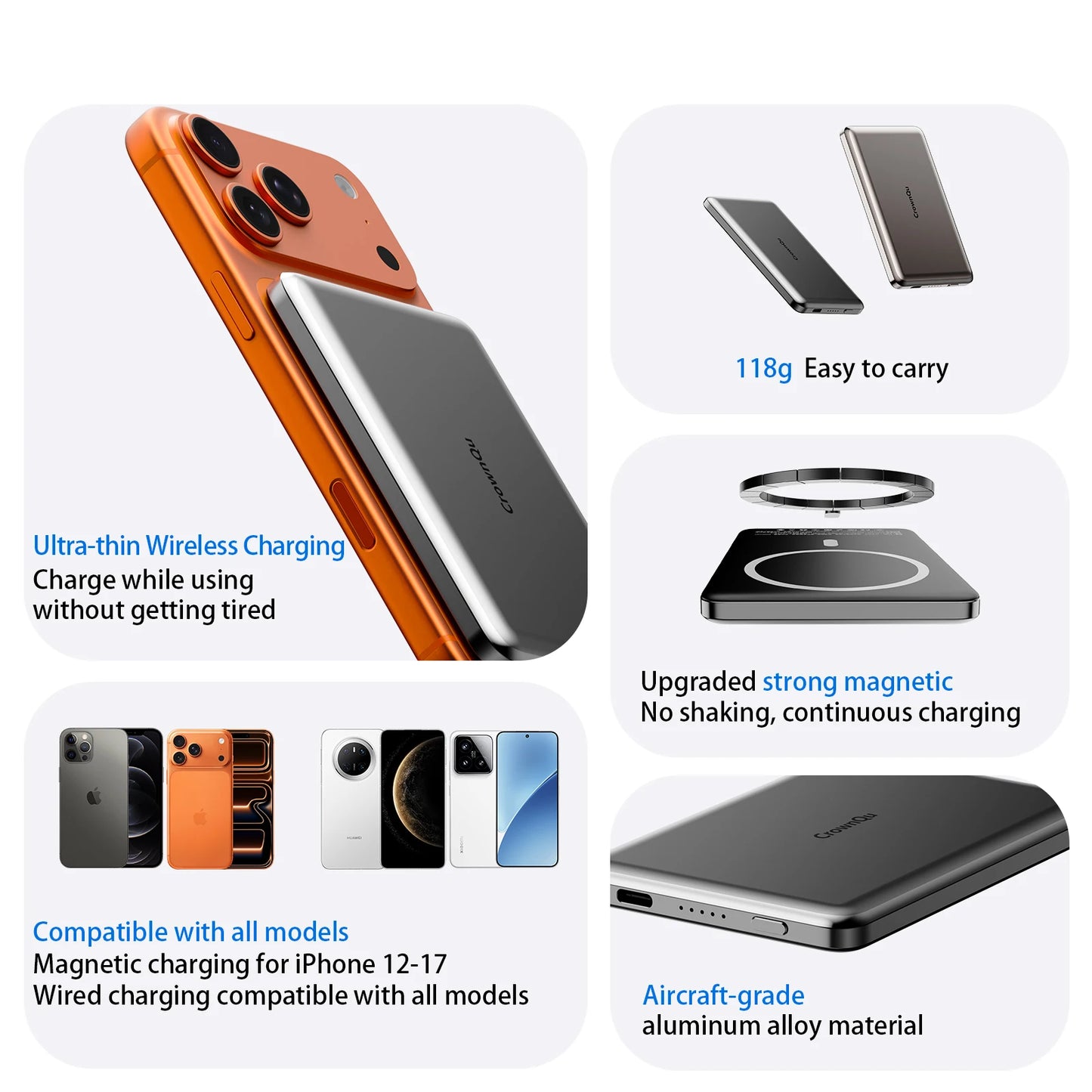 Magnetic Wireless Power Bank 20W Fast Charging Slim Metal Battery Pack