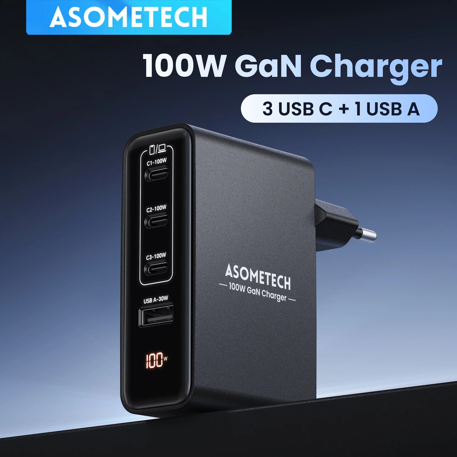 100W GaN 4-Port Fast USB-C Charger - PD 3.0 Laptop & Phone Power Adapter - 1