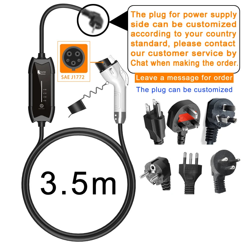 Portable EV Charger 3.5KW Level 2 Electric Vehicle Charging Cable 16A