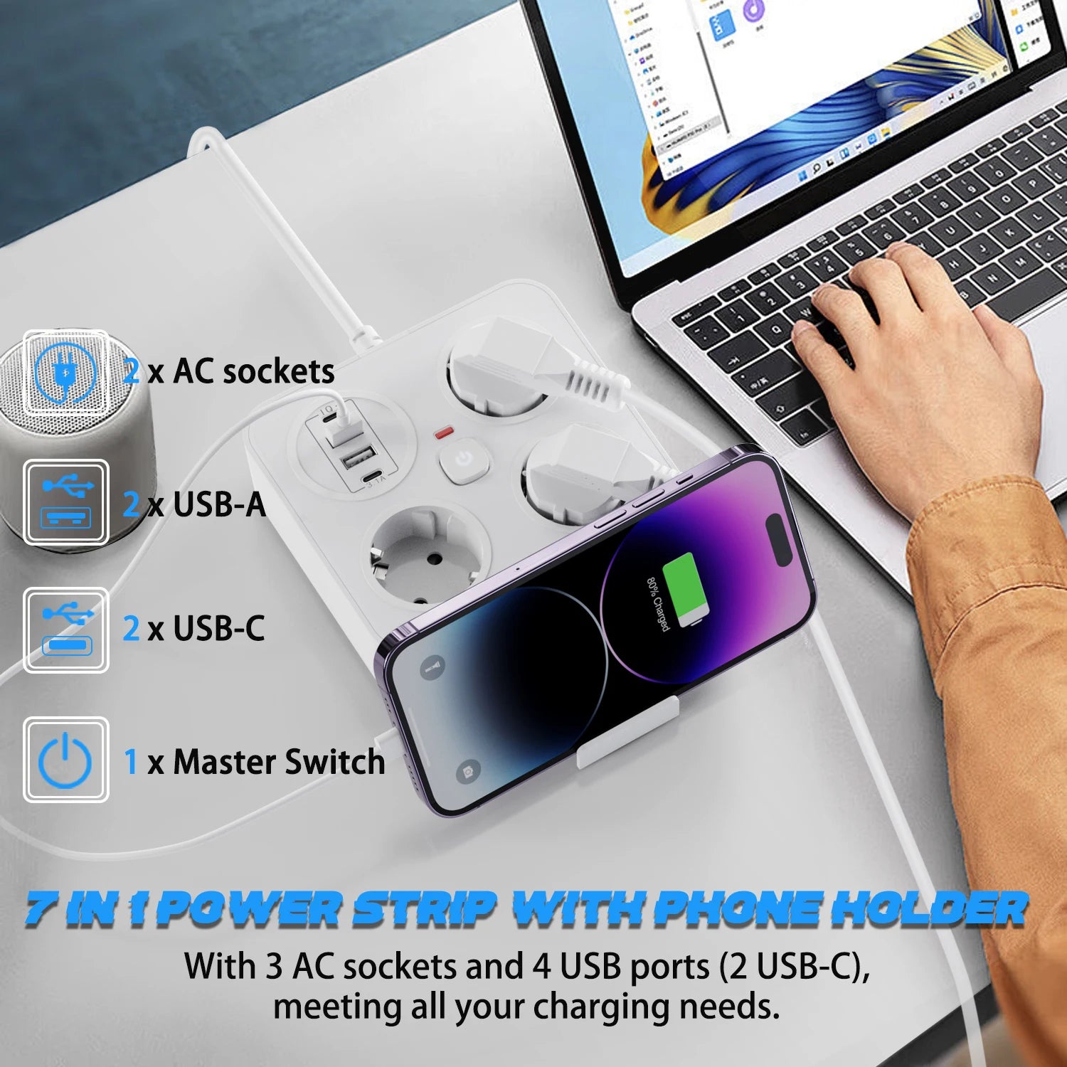 7-in-1 European Power Strip with 4 USB Ports & Surge Protection - 3