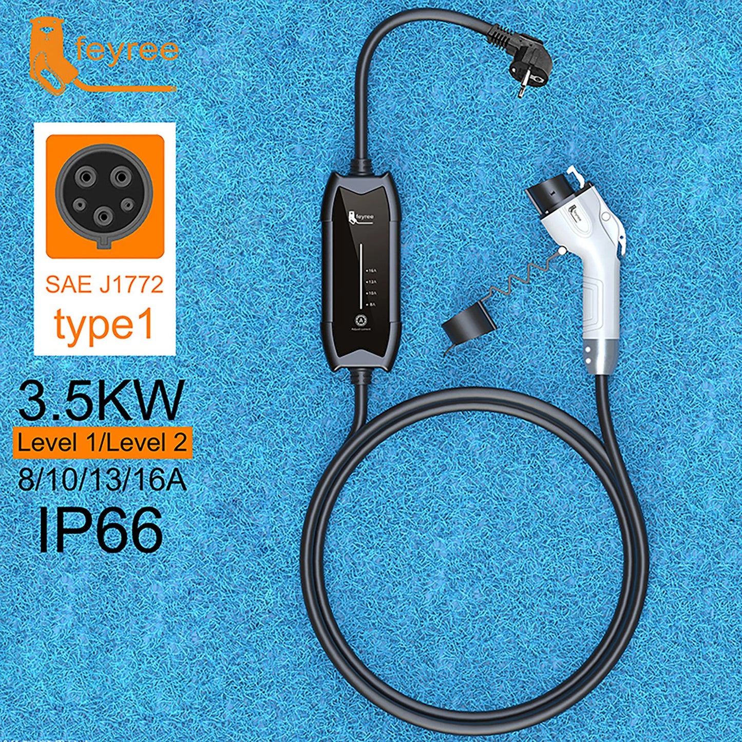Portable EV Charger Type 2 - 16A 3.5KW Adjustable Electric Vehicle Charger