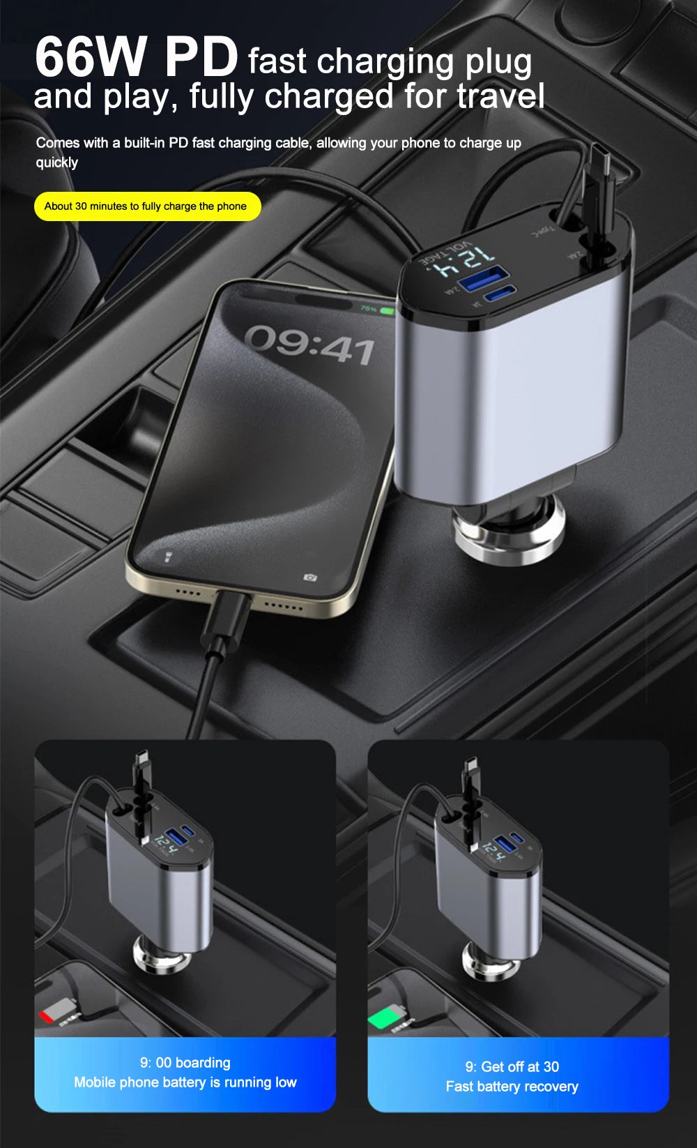 120W Retractable Fast Car Charger with 4-in-1 Charging Ports