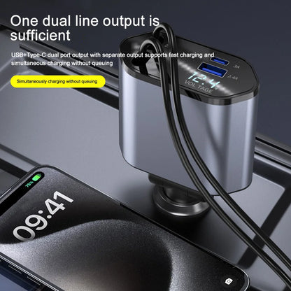 120W Retractable 4-in-1 Car Charger with Voltage Display & Fast Charging