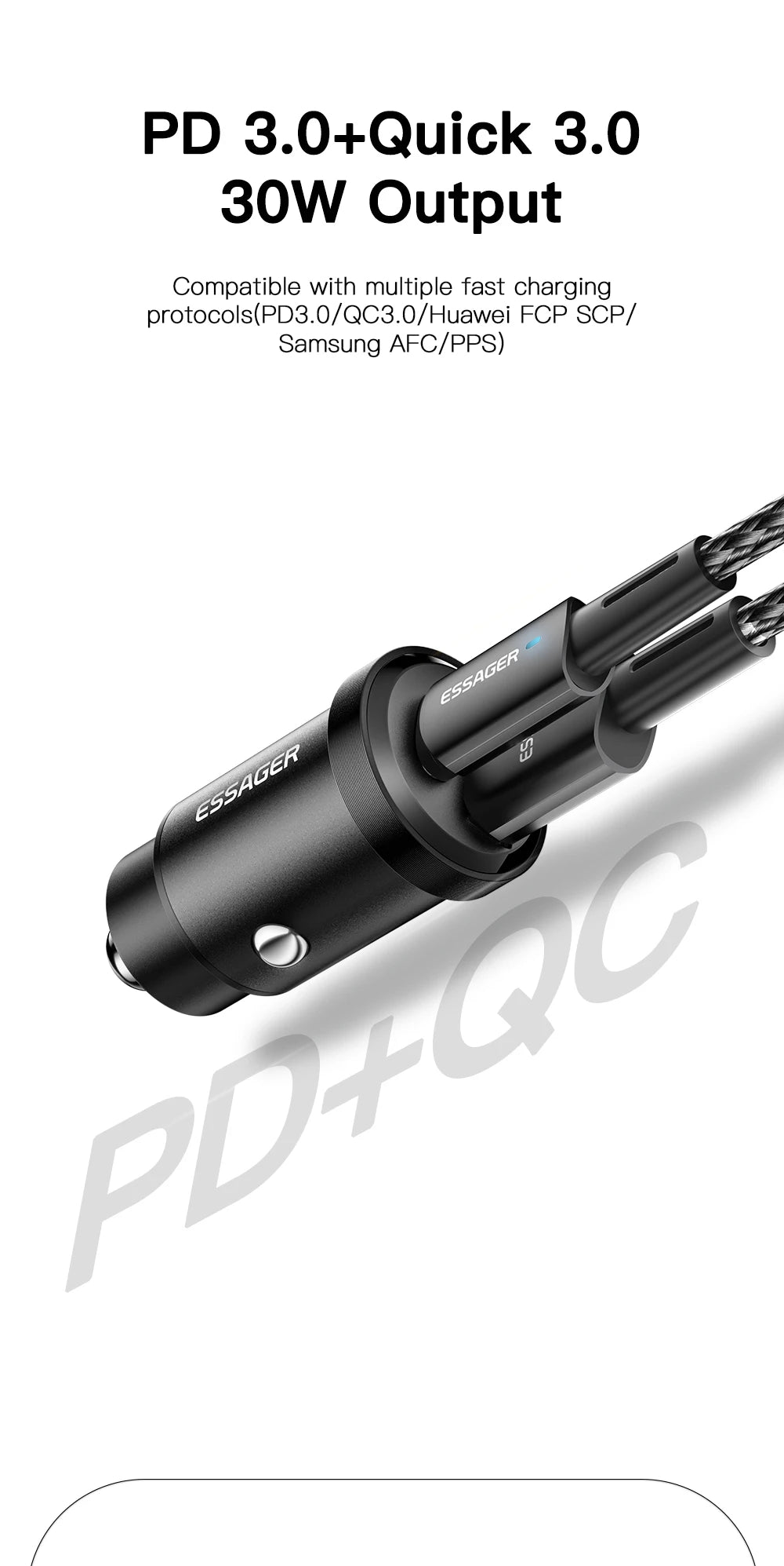 Essager 45W Fast Car Charger Dual Port USB-C & USB-A Adapter