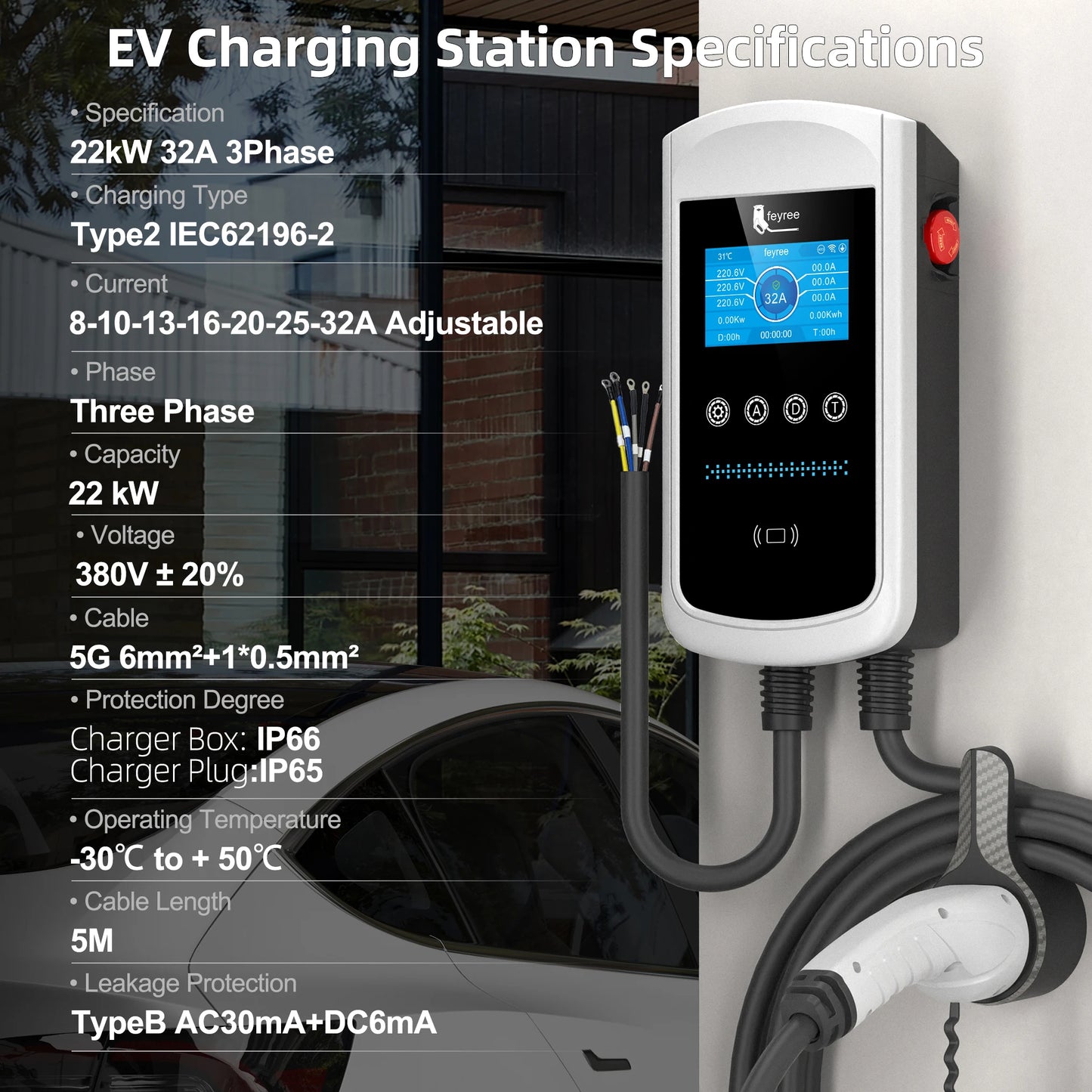 Type 2 EV Wallbox Charger - 22kW Smart Home EVSE with Dynamic Load Balancing