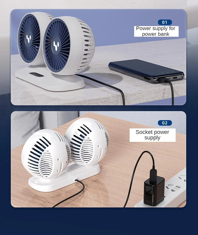 Dual Head USB Car Fan - 3-Speed 360° Adjustable Dashboard Fan