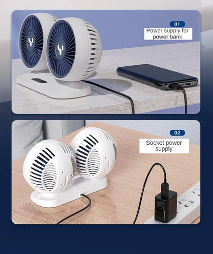 Dual Head USB Car Fan - 3-Speed 360° Adjustable Dashboard Fan