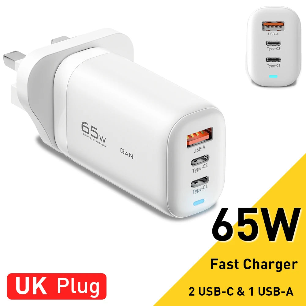 65W GaN Fast Charger - Triple Port USB-C Wall Charger for Laptop & Phone - 36