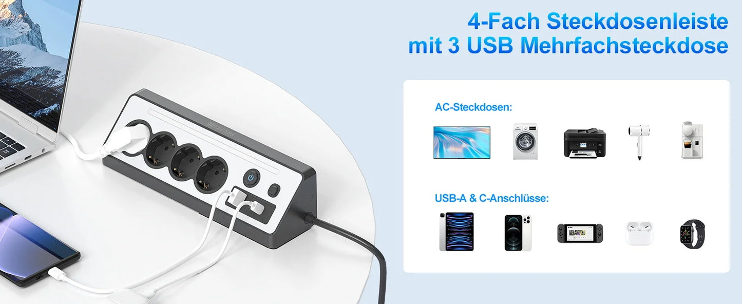 7-in-1 Wall Mount Power Strip with USB-C Fast Charging & LED Night Light