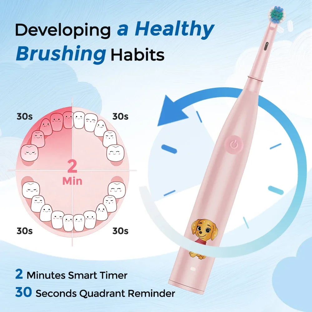 Kids Rechargeable Electric Toothbrush with 4 Replacement Heads & Timer