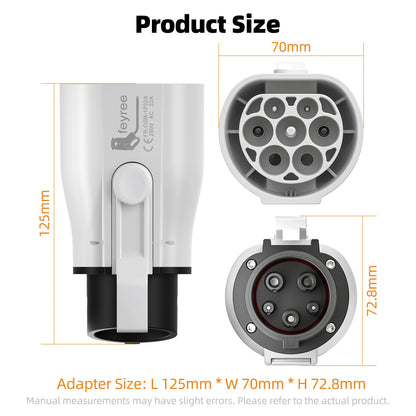 EV Charger Adapter Type 2 to Type 1 - 32A 7KW Fast Charging Connector