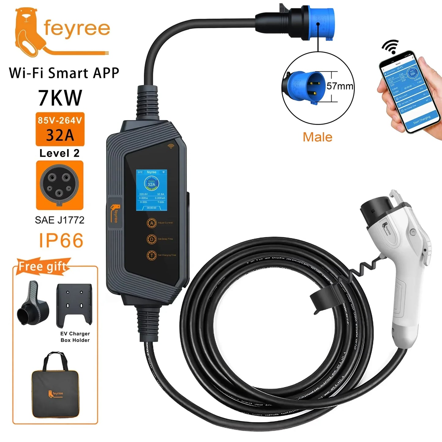 7KW Smart WiFi EV Charger - 32A Adjustable Electric Vehicle Wallbox