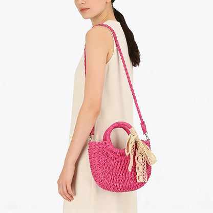 Luxury Lace Bow Straw Bag