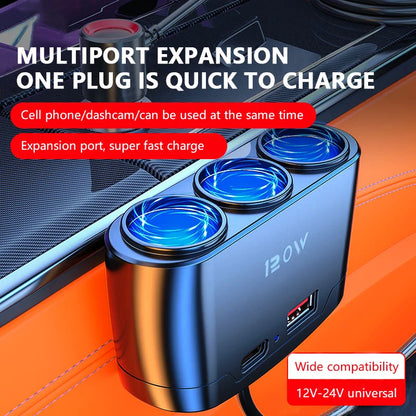 120W 3-Way Car Cigarette Lighter Splitter with USB & PD Fast Charging
