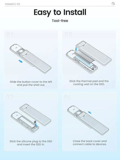 M.2 NVMe SATA SSD Enclosure 10Gbps USB 3.2 Tool-Free External Drive Case