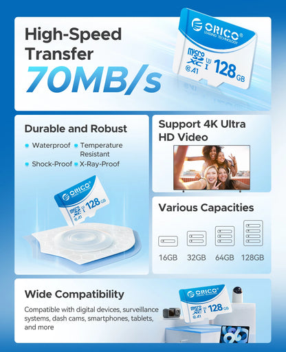 ORICO 128GB Micro SD Card - High-Speed UHS-I V30 for 4K Video & Cameras