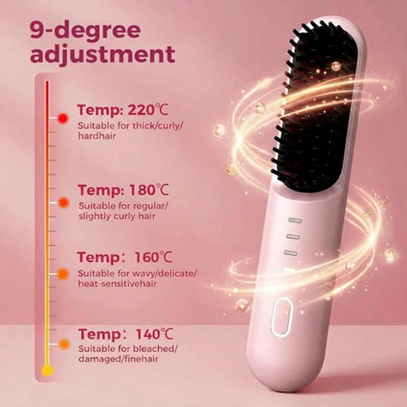 Fast Heating Cordless Hair Straightening Brush - Anti-Frizz Ionic Styling Comb