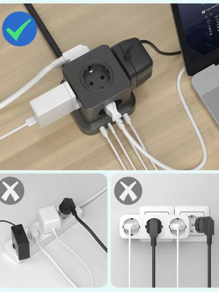 9-in-1 European Tower Power Strip with 4 USB Ports & 1.8m Extension Cord