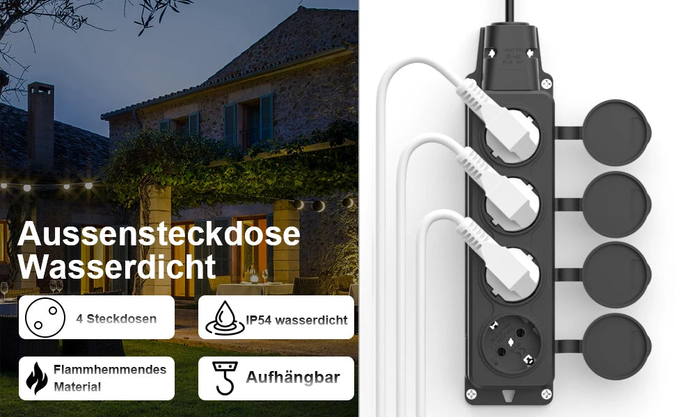 IP54 Waterproof German Standard Outdoor Power Socket - 16A 3500W Extension - 12