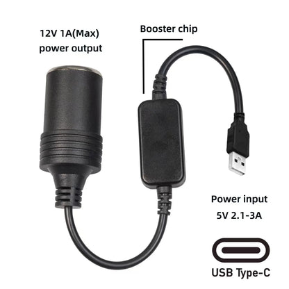 USB to 12V Car Cigarette Lighter Socket Converter - 5V to 12V Adapter