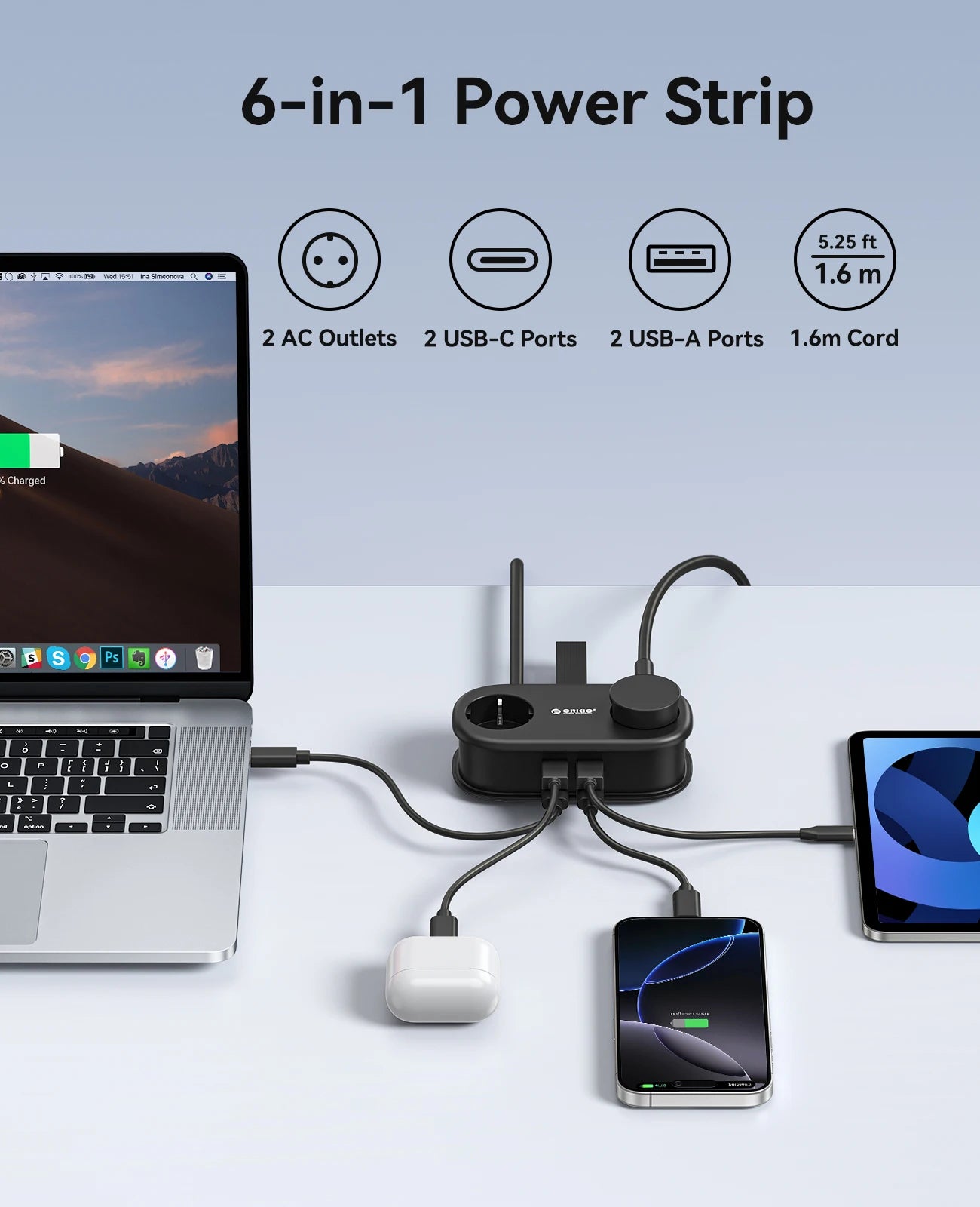 65W GaN 6-in-1 Fast Charging Power Strip - 2 AC Outlets, 2 USB-A, 2 USB-C