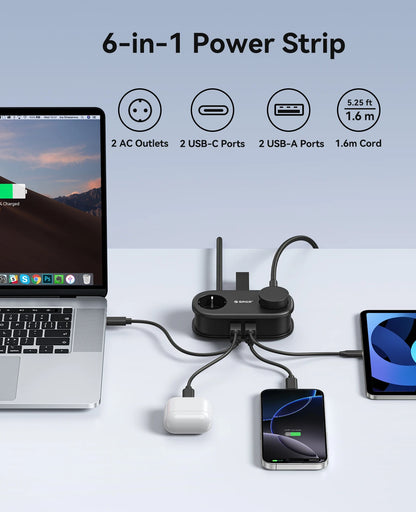 65W GaN 6-in-1 Fast Charging Power Strip - 2 AC Outlets, 2 USB-A, 2 USB-C