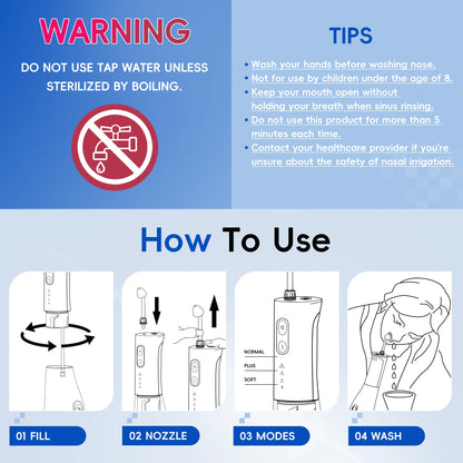 Electric Cordless Nasal Irrigator & Sinus Rinse System with Adjustable Pressure