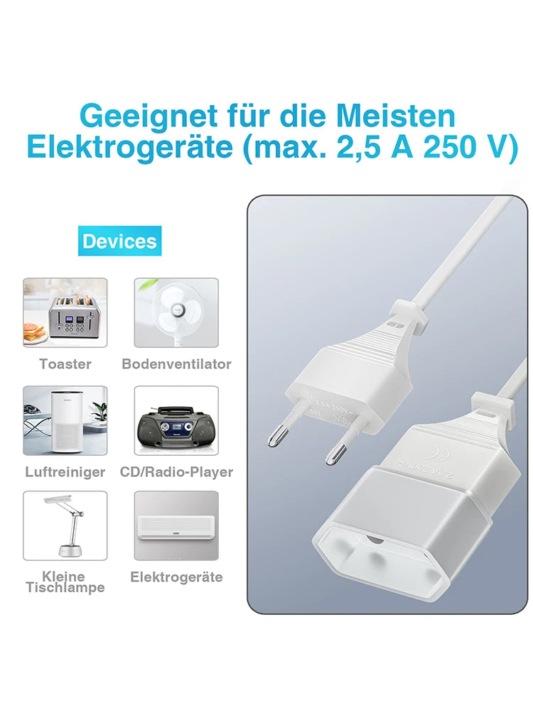 2pcs 1m Euro Plug Power Extension Cable - High-Quality 2.5A/250V Cord - 5