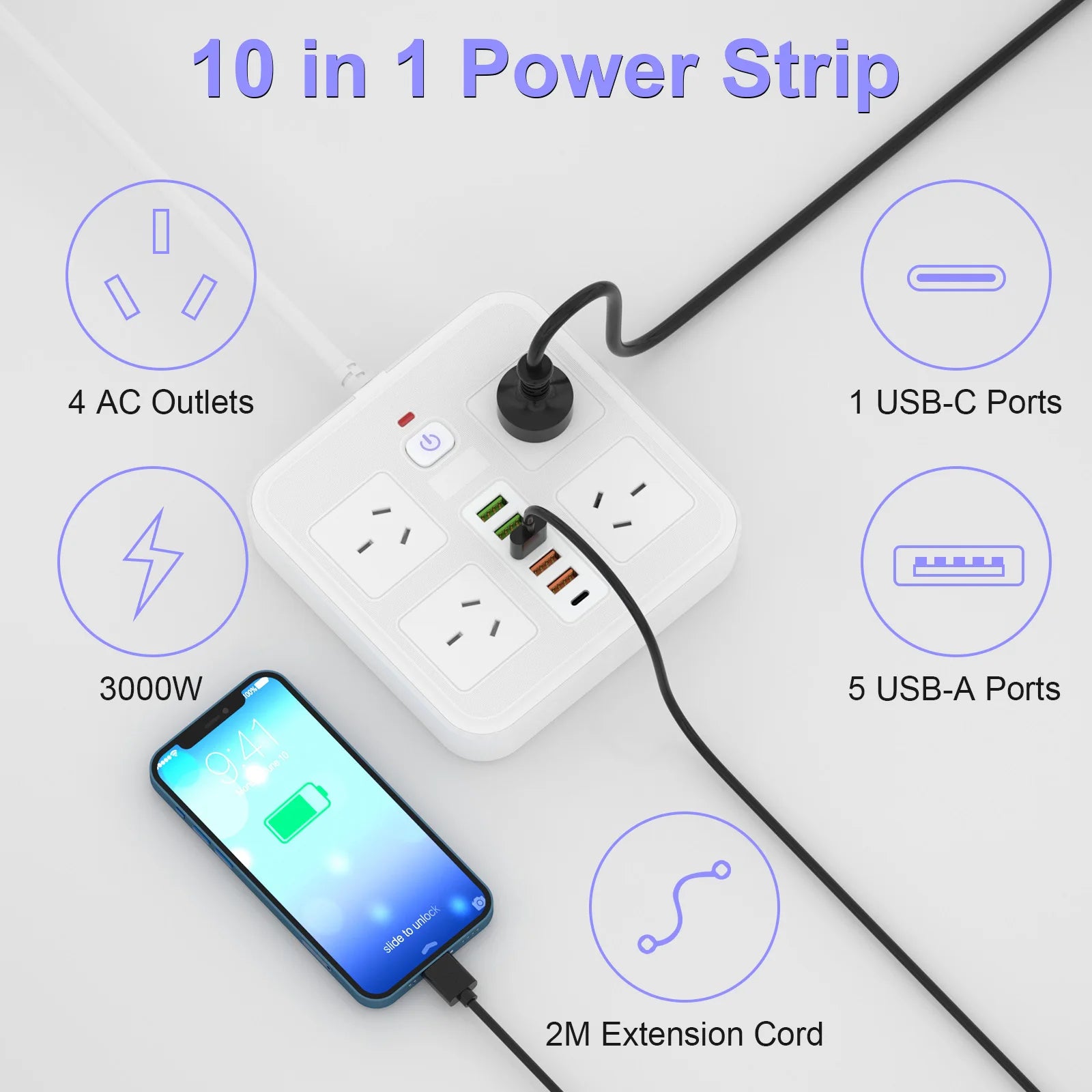 10-in-1 AU Power Board with 5 USB & 1 Type-C Ports – Surge Protected - 2