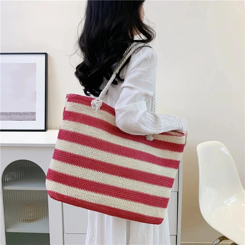 Luxury Striped Straw Beach Tote
