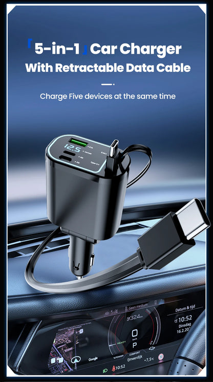 100W Retractable Fast Car Charger with USB & Type-C Digital Display
