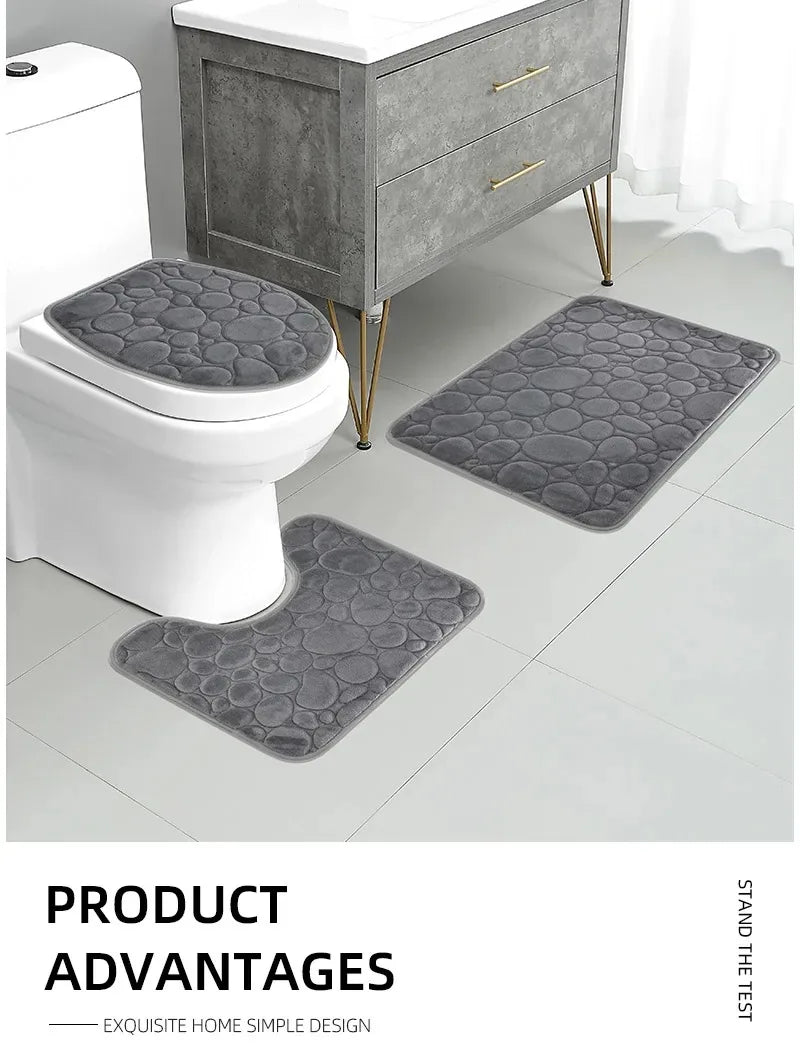 3-Piece Cobblestone Bath Mat Set - Non-Slip & Absorbent