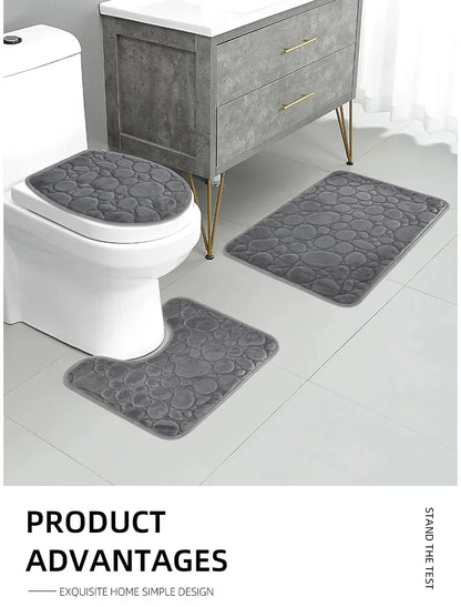 3-Piece Cobblestone Bath Mat Set - Non-Slip & Absorbent