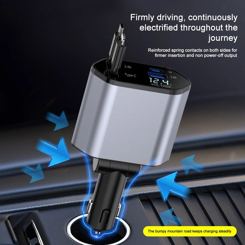 120W Retractable Fast Car Charger with 4-in-1 Charging Ports - 14