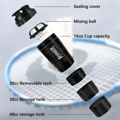3-Layer Portable Protein Shaker Bottle - Leak-Proof Gym Mixing Cup