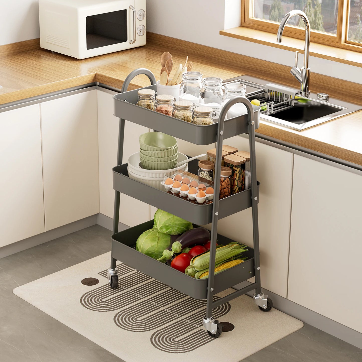 3-Tier Rolling Storage Utility Cart with Lockable Wheels for Home