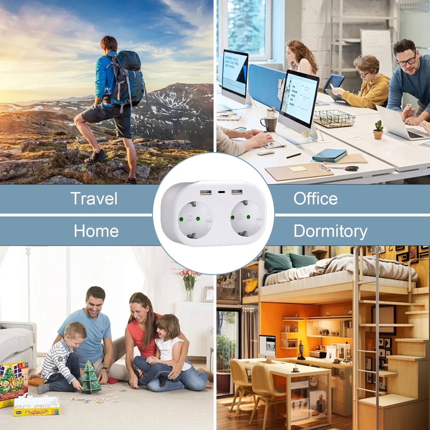 4000W 2-Way EU Wall Power Socket with Dual USB & Type-C Ports - 6